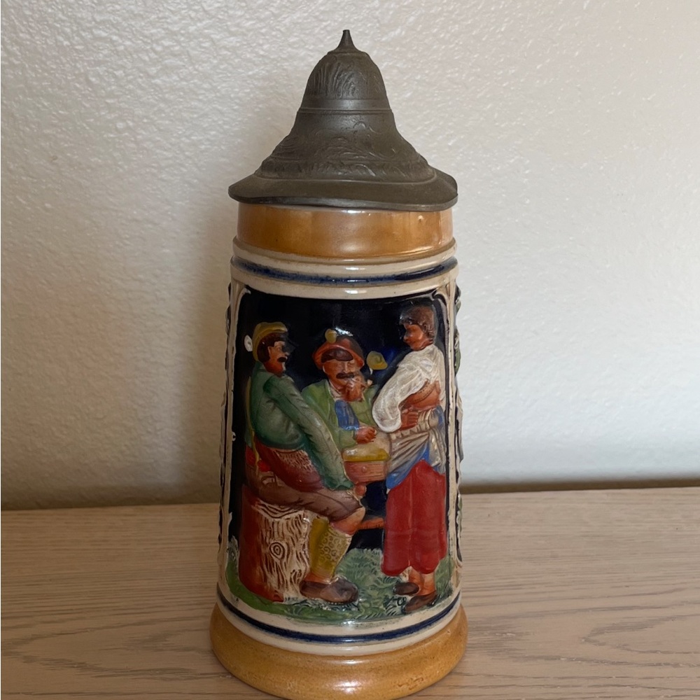 Vintage German Beer Stein with Lid - Multicolor